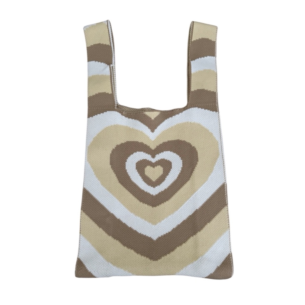 Heart Patterned Tan and Cream Knit Tote Bag